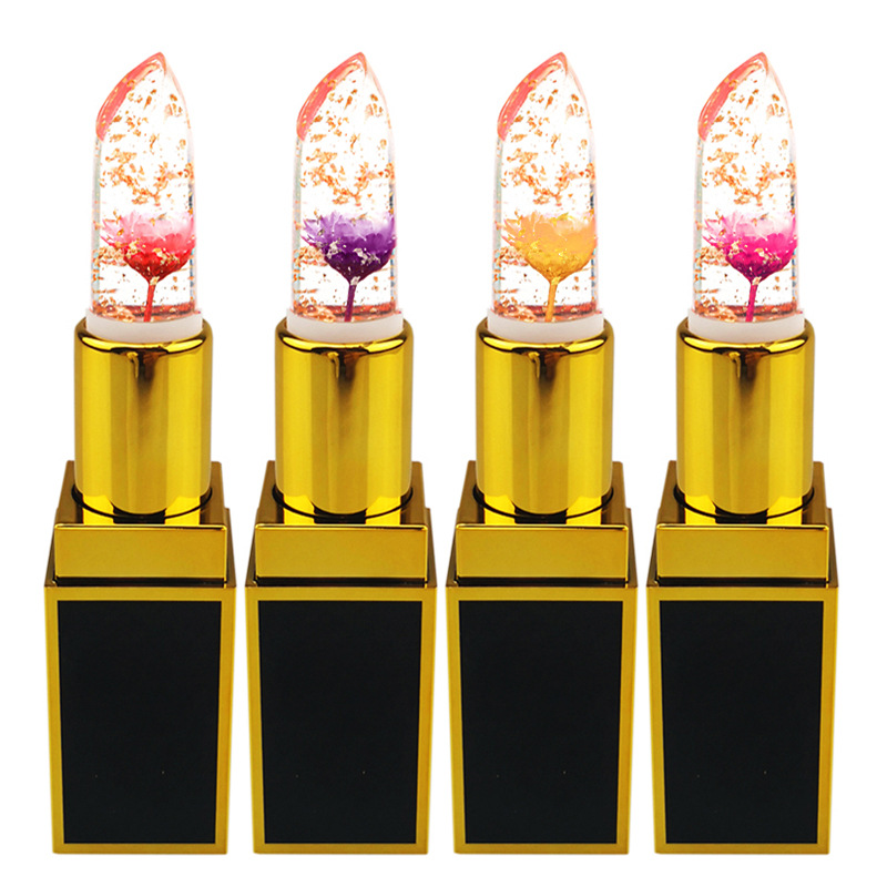 跨境金箔果凍口紅 無(wú)LOGO炫彩口紅Lipstick滋潤(rùn)唇膏透明花朵口紅OEM代加工