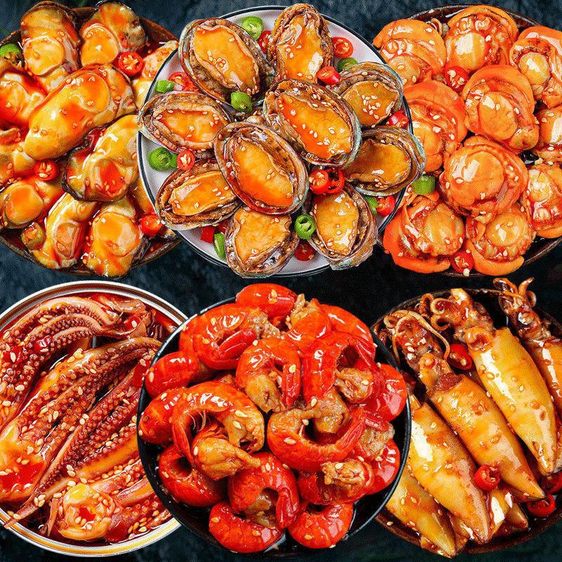 麻辣小海鮮熟食罐裝海鮮組合即食零食小吃扇貝鮑魚(yú)八爪下飯菜批發(fā)OEM代加工